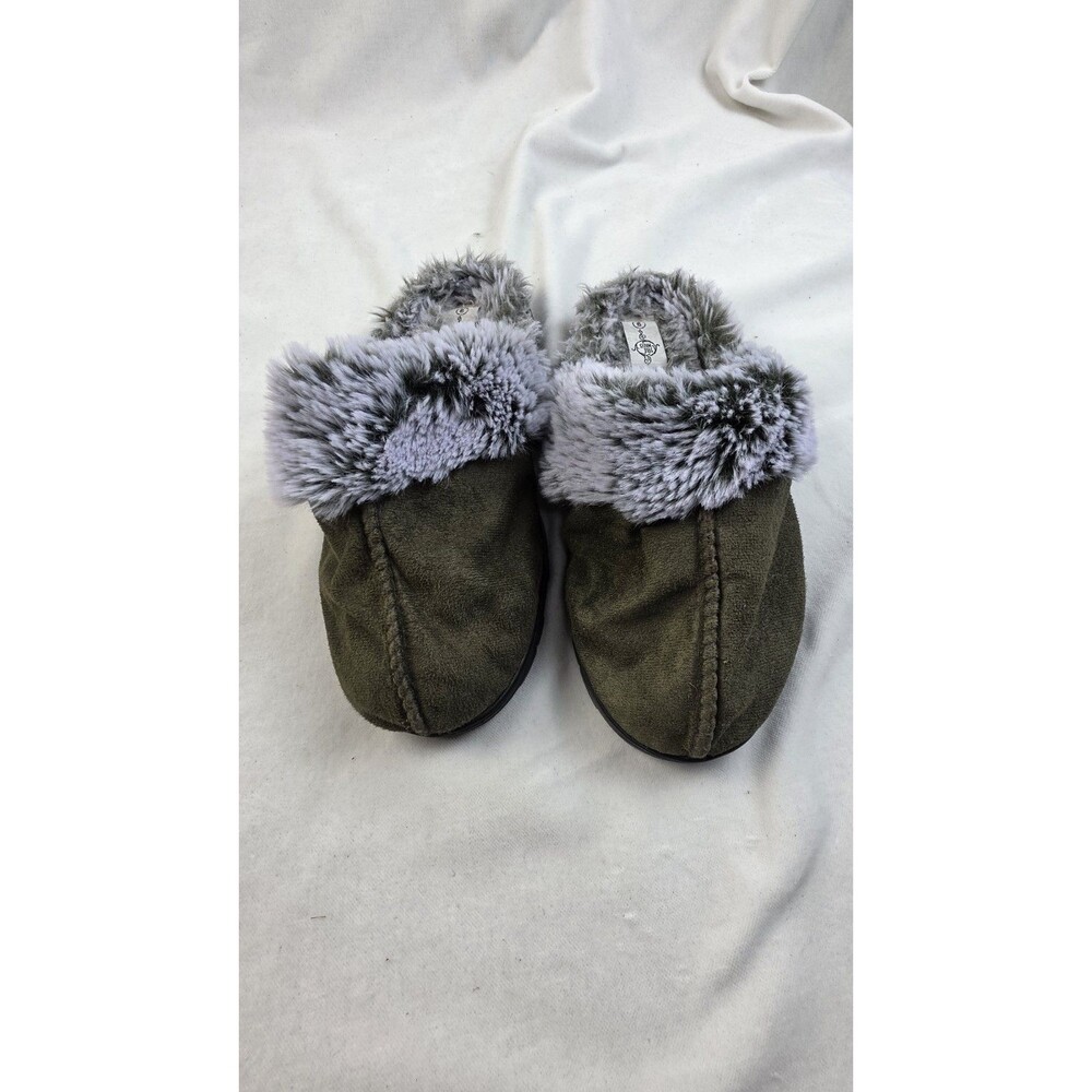 Olive Green Faux Fur Trim Suede Clog / Mule Slippers